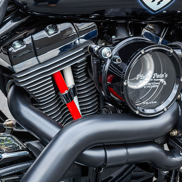 Black Horse Harley-Davidson® custom motorcycle engine close up