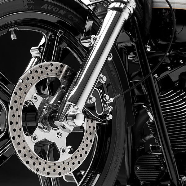 Black Ice Harley-Davidson® custom motorcycle front wheel close up