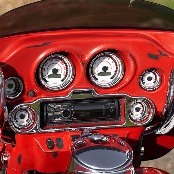 Farmall custom Harley-Davidson® view of gauges in fairing