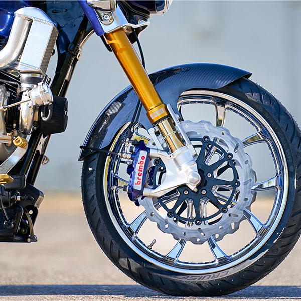 Custom Lucky 13 motorcycle right view of front wheel