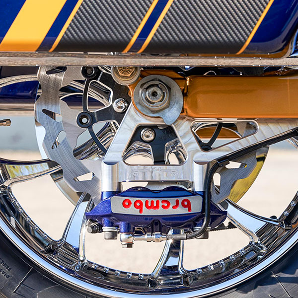 Lucky 13 custom motorcycle rear wheel close up