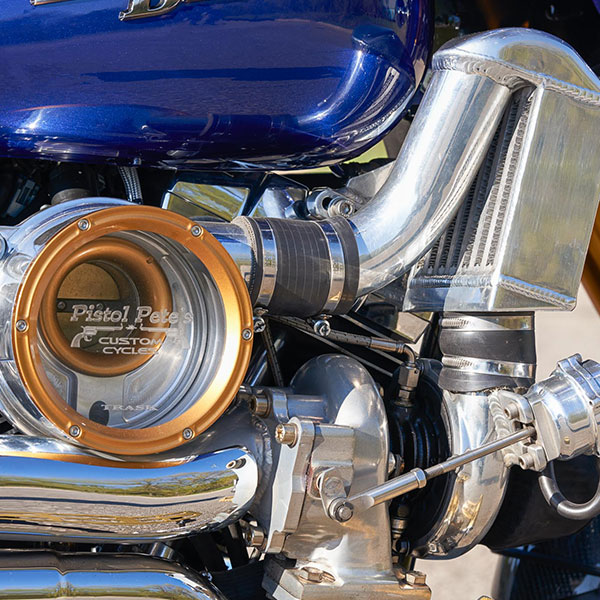 Lucky 13 Harley-Davidson® Steet Glide® custom motorcycle turbo system close up