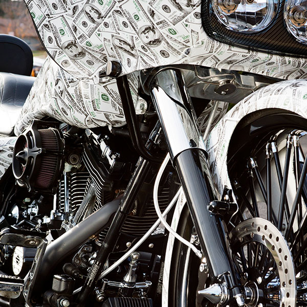Money Bags custom Harley-Davidson® Road Glide® view of front fork