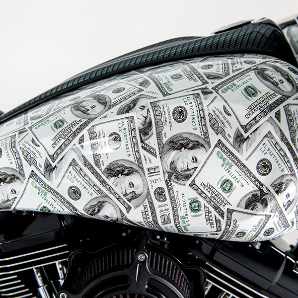 Money Bags Harley-Davidson® customized motorcycle view of gas tank