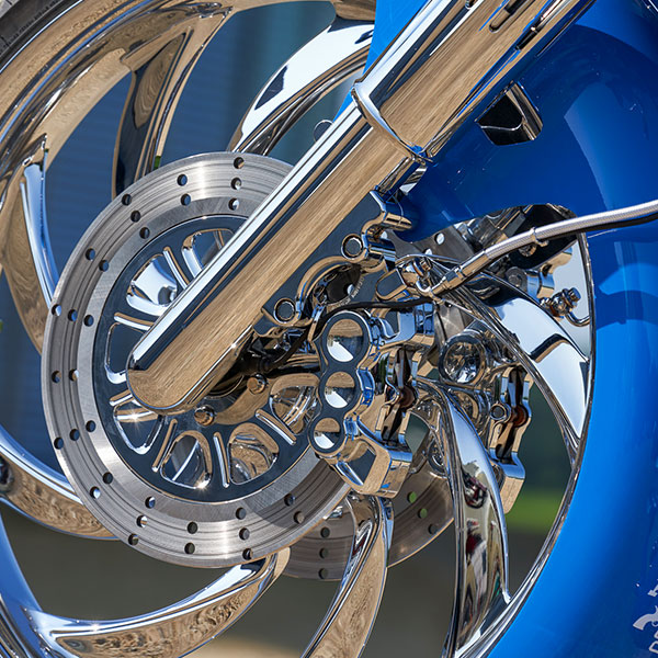 The Bomb Harley-Davidson® custom motorcycle front wheel close up.