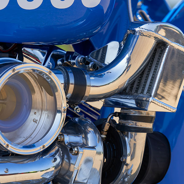 The Bomb Harley-Davidson® custom motorcycle turbo system close up.