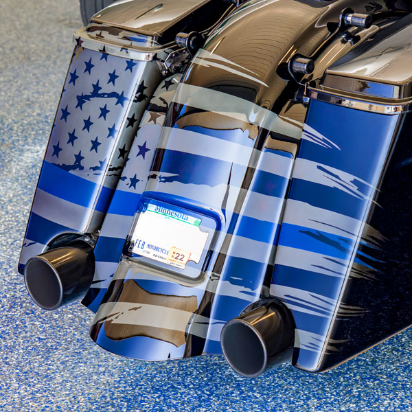 Thin Blue Line Harley-Davidson® custom motorcycle rear view of bags