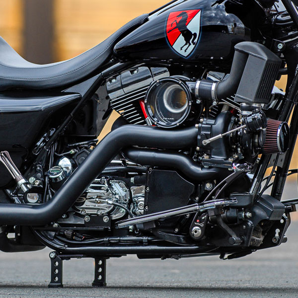 Black Horse Harley-Davidson® custom motorcycle right side view of motor